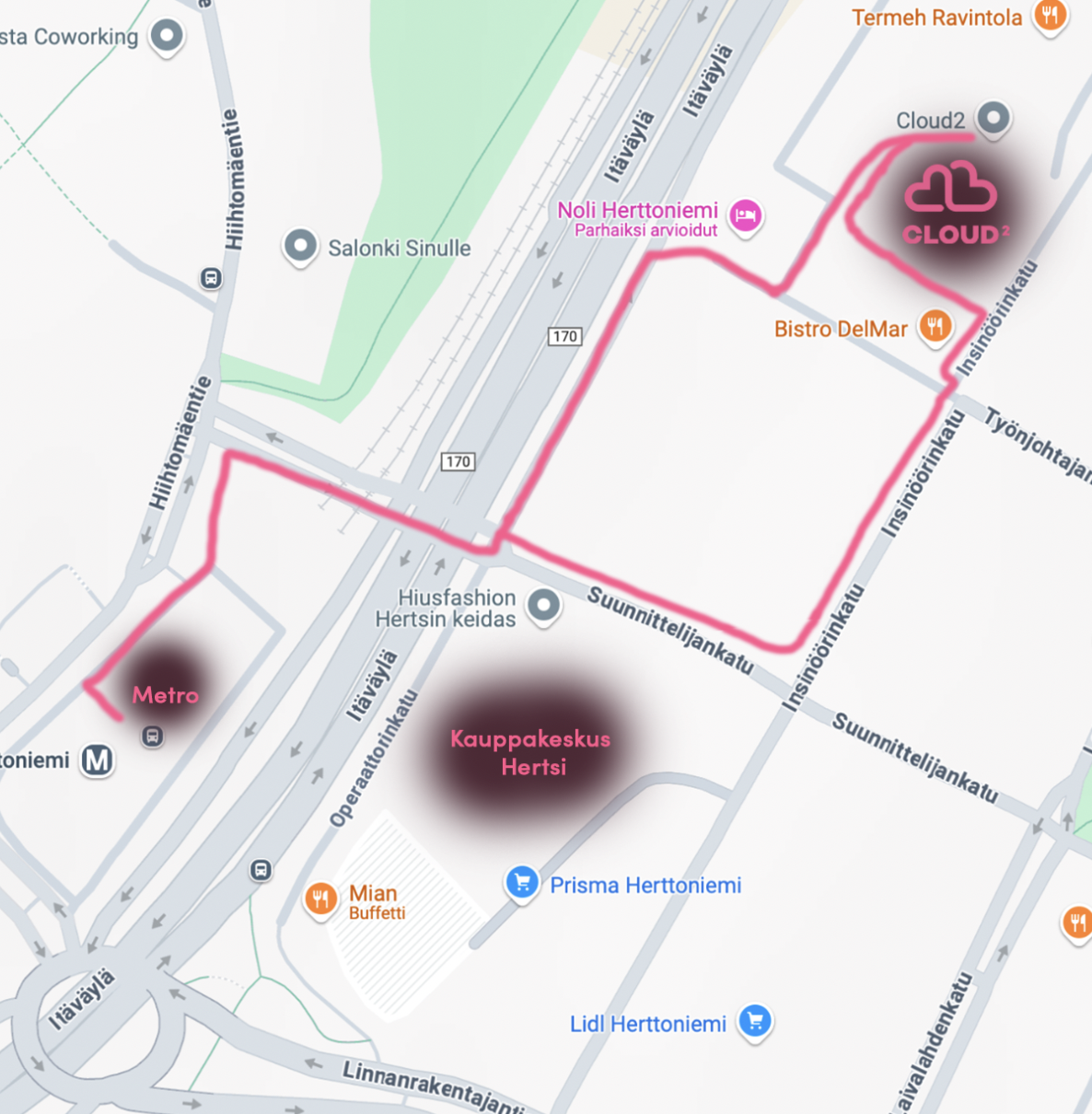 Map showing the route to Cloud2's office